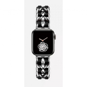 Silver Stainless Steel Leather Apple Watch Wrist Band Fashion Designer Inspired Double Leather Chain